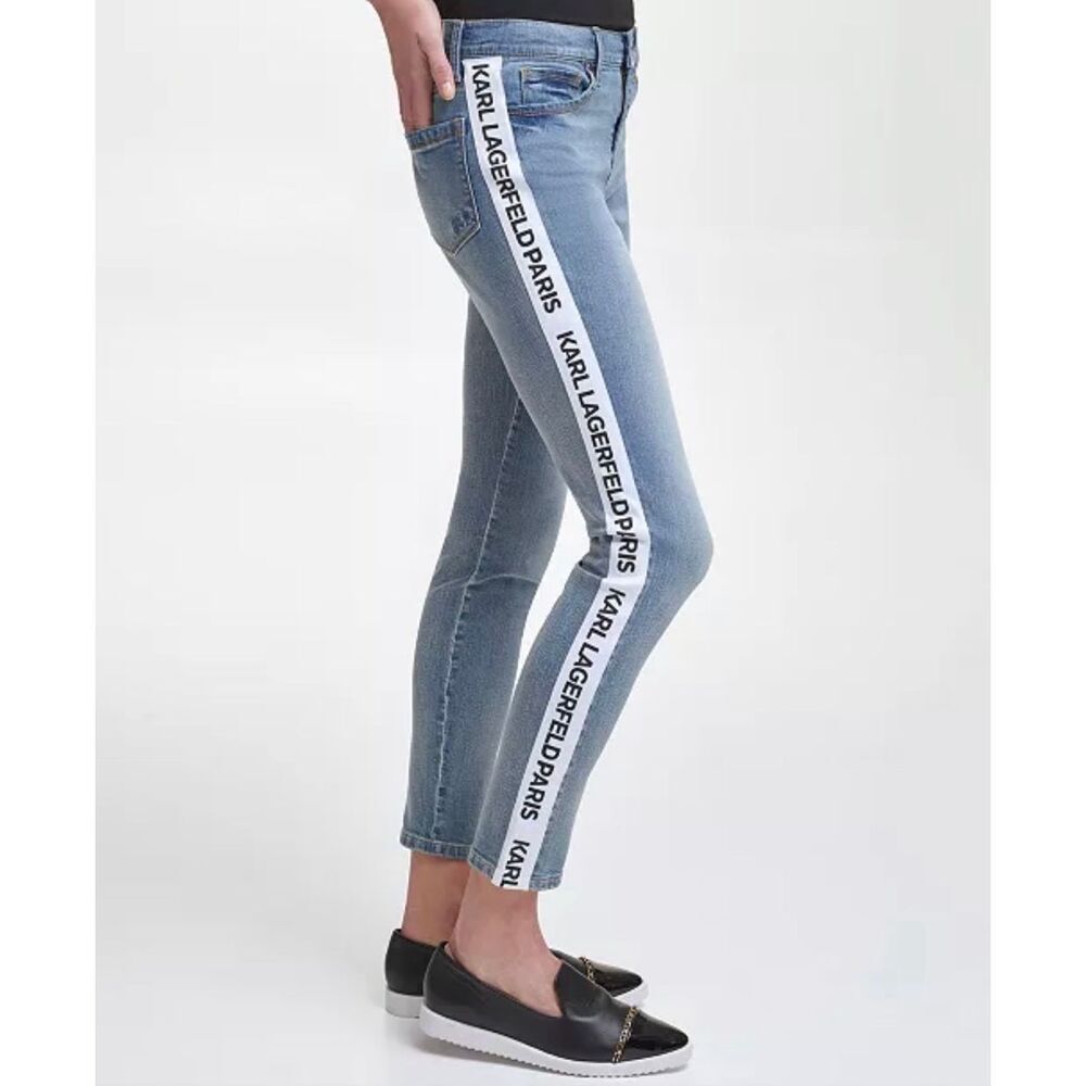 KARL LAGERFELD PARIS Contrast Logo Taping Denim Jeans Blue 4 - Picture 2 of 5